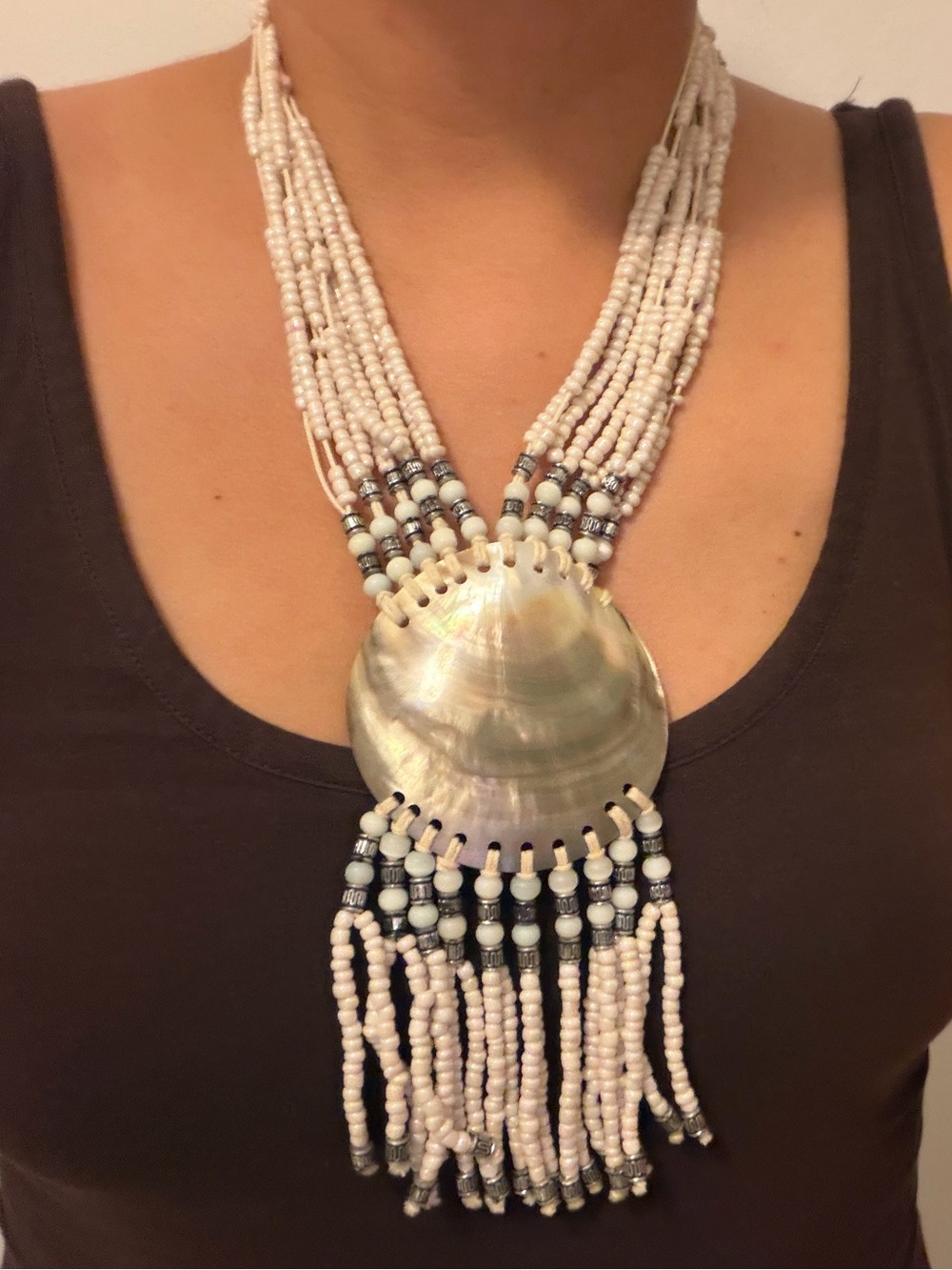 Beaded Shell Statement Necklace - White and Silver - Picture 3 of 3